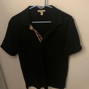 Stunning Authentic Burberry Jet Black Polo Shirt W/Check Detail 100% Cotton SZ L
